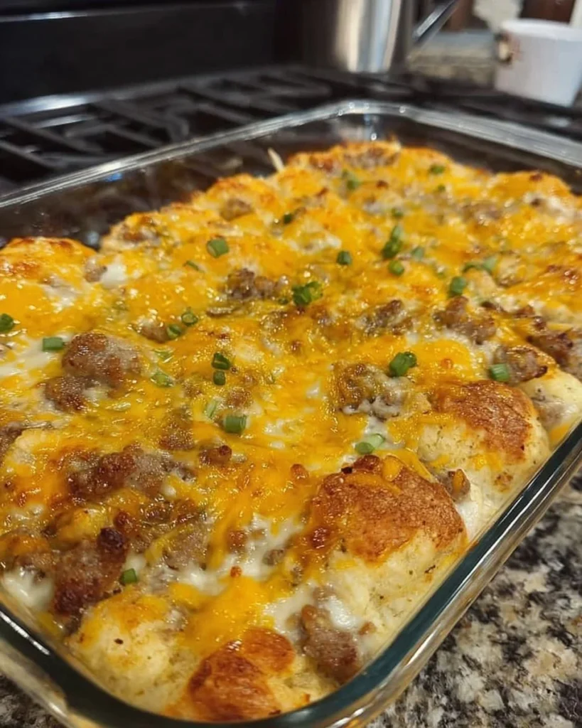 Biscuits and Gravy Breakfast Casserole topped with sausage and cheese