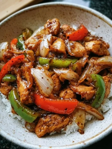 Delicious Black Pepper Chicken with colorful bell peppers over rice