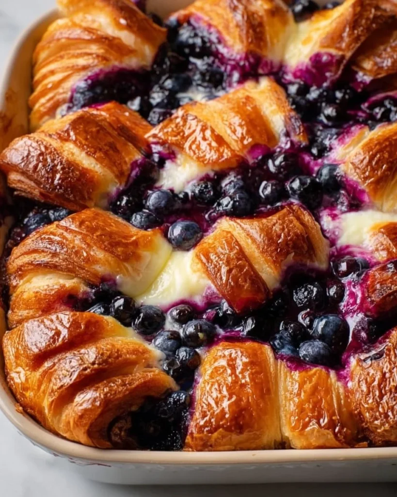 Blueberry cream cheese croissant casserole served on a plate
