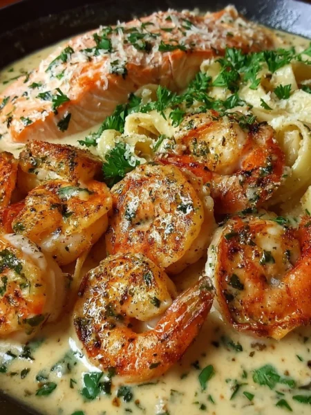 Cajun shrimp and salmon garnished with garlic cream sauce on a plate