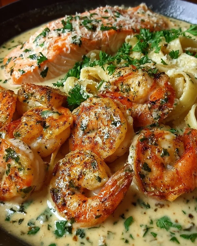 Cajun shrimp and salmon garnished with garlic cream sauce on a plate