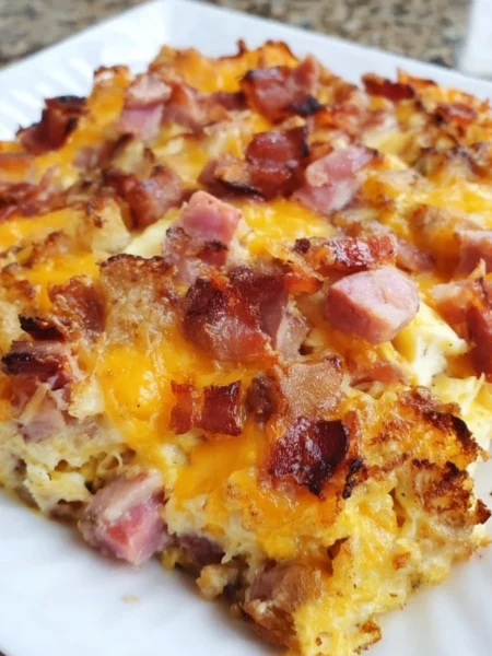 Delicious Cheesy 3-Meat Breakfast Casserole ready to serve