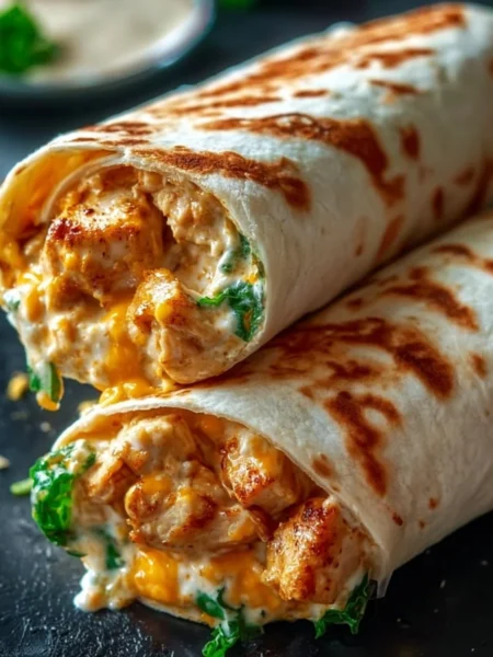 Cheesy garlic chicken wraps served on a plate with fresh ingredients
