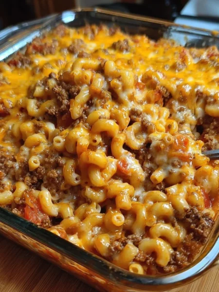Delicious Cheesy Hamburger Casserole served in a baking dish