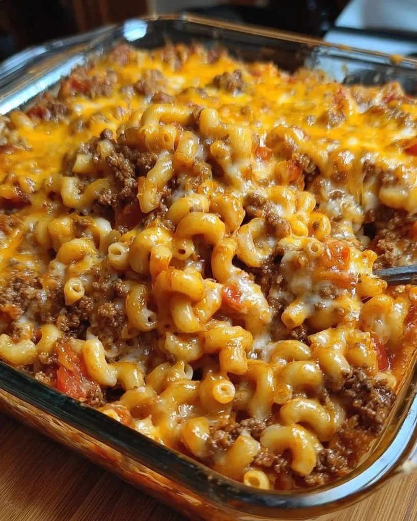 Delicious Cheesy Hamburger Casserole served in a baking dish
