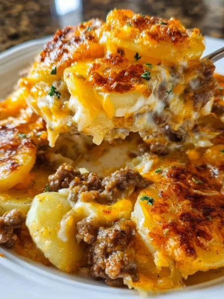 Cheesy hamburger potato casserole served in a white dish