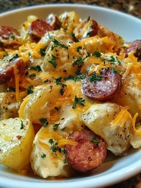 Delicious Cheesy Ranch Potatoes topped with smoked sausage on a plate