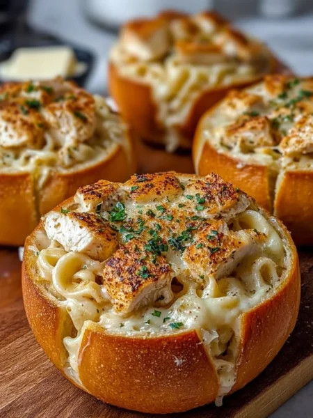 Delicious Chicken Alfredo served in garlic bread bowls