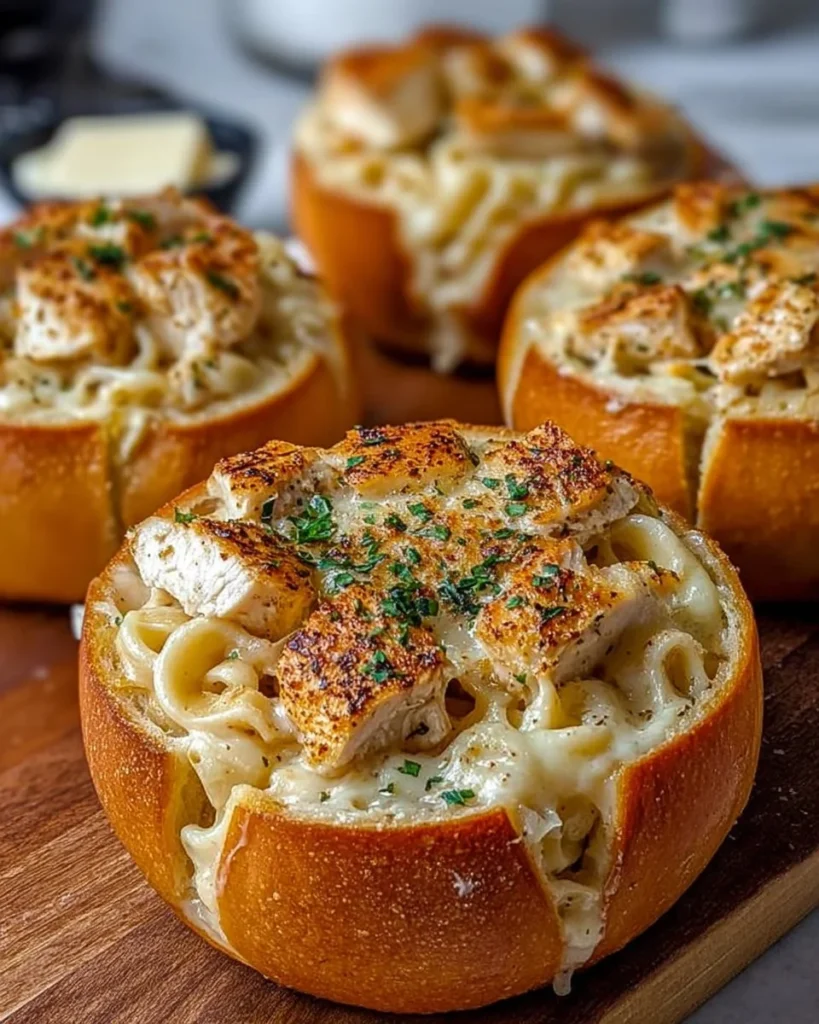 Delicious Chicken Alfredo served in garlic bread bowls