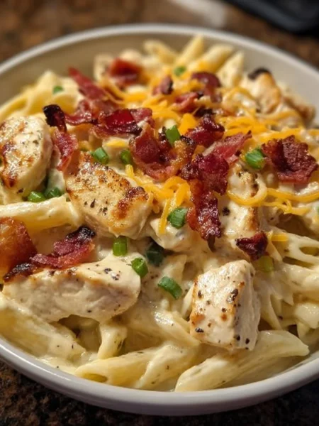 Delicious Chicken Bacon Ranch Pasta served on a plate with herbs