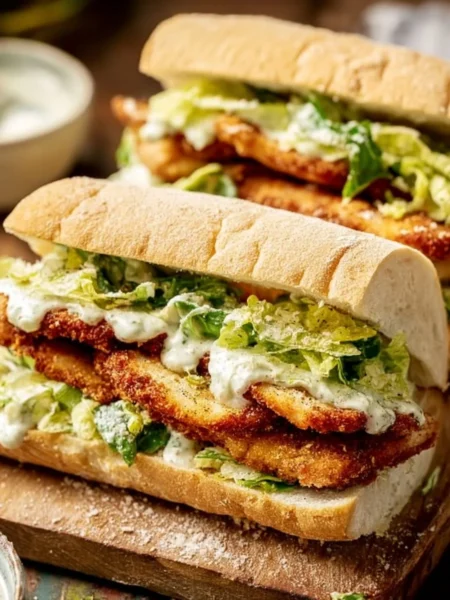 Delicious Chicken Caesar Sandwich with crispy chicken, Caesar salad, and Parmesan cheese.
