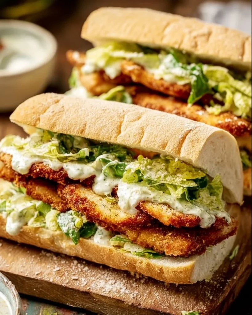 Delicious Chicken Caesar Sandwich with crispy chicken, Caesar salad, and Parmesan cheese.