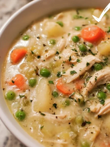 Bowl of Chicken Pot Pie Soup with vegetables and flaky crust pieces