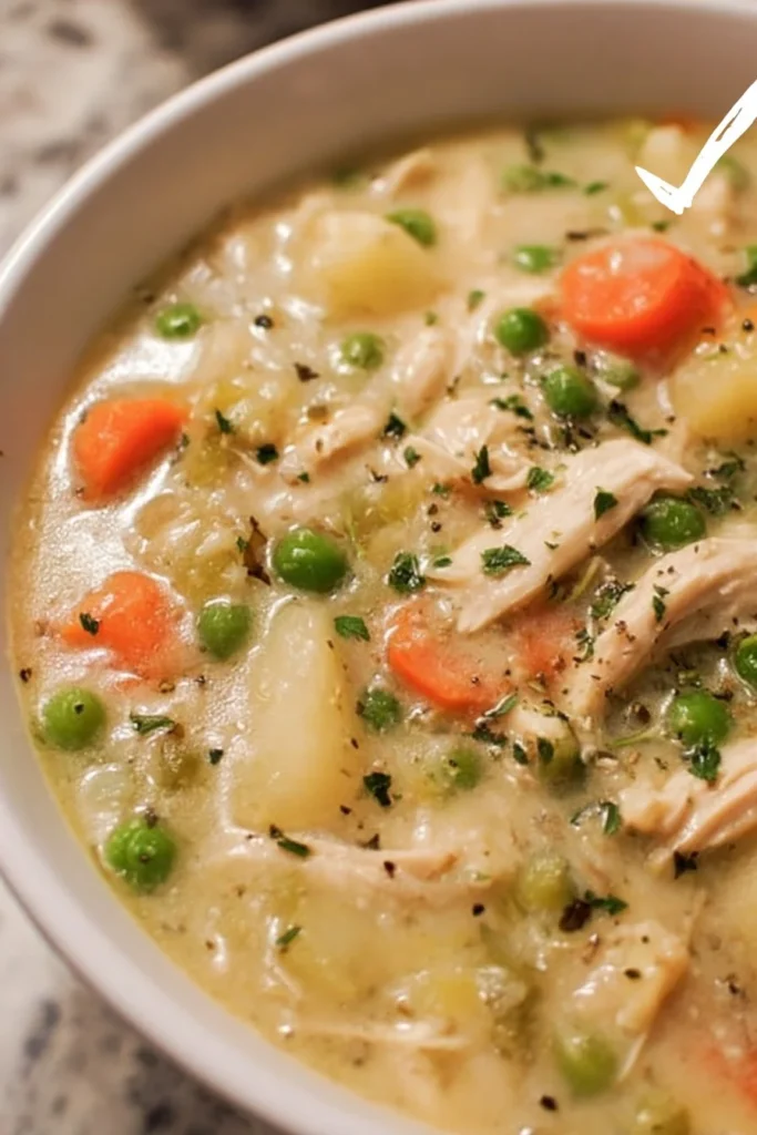 Bowl of Chicken Pot Pie Soup with vegetables and flaky crust pieces