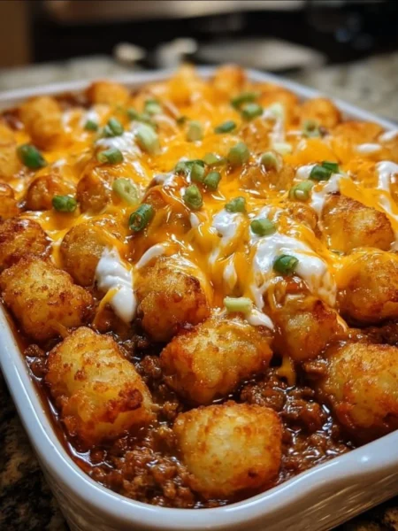 Delicious Chili Cheese Tater Tot Casserole served in a dish