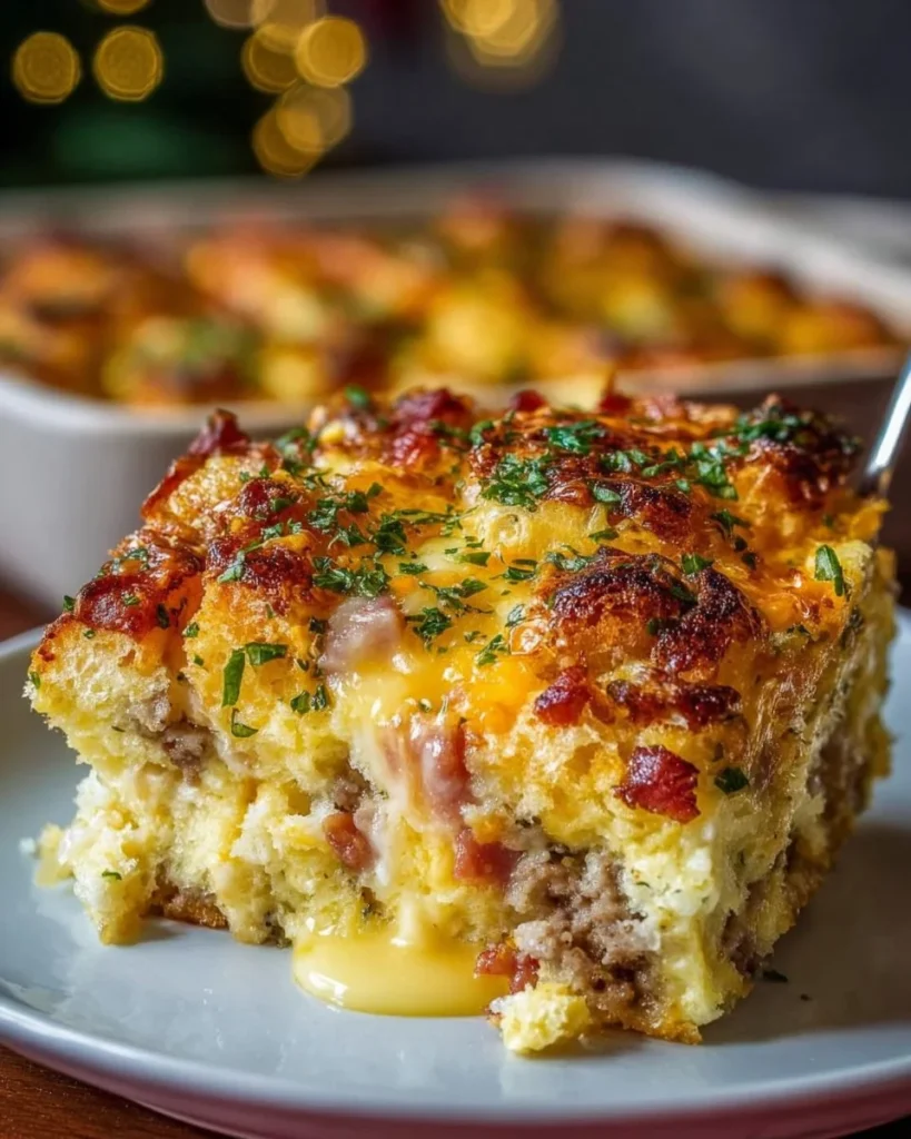 Festive Christmas breakfast egg casserole served at a holiday brunch