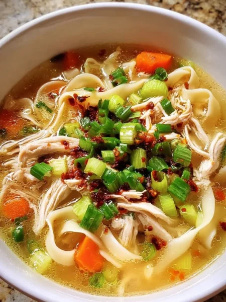 Bowl of classic ginger garlic chicken noodle soup garnished with herbs