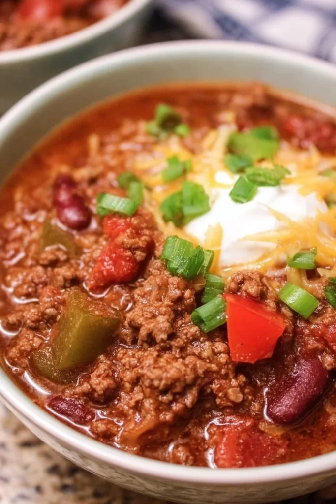 Bowl of classic ground beef chili garnished with green onions and cheese