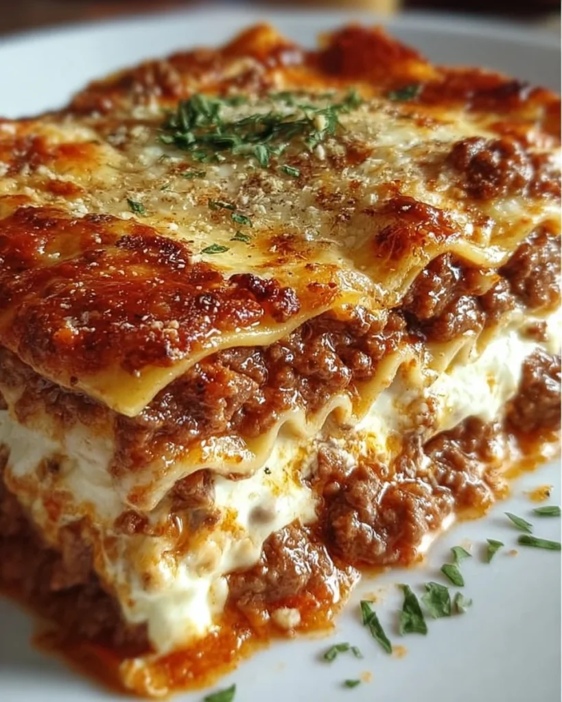 Delicious classic lasagna with ricotta and meat sauce baked to perfection
