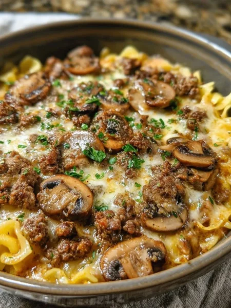 Creamy beef casserole with vegetables and cheese, perfect for a hearty meal.