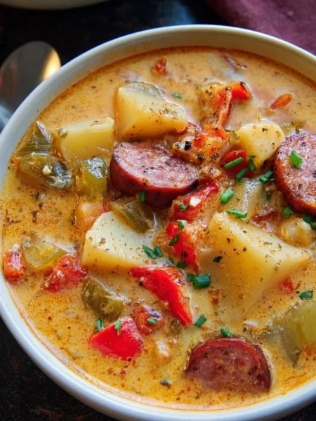 Bowl of creamy Cajun potato soup garnished with herbs and spices
