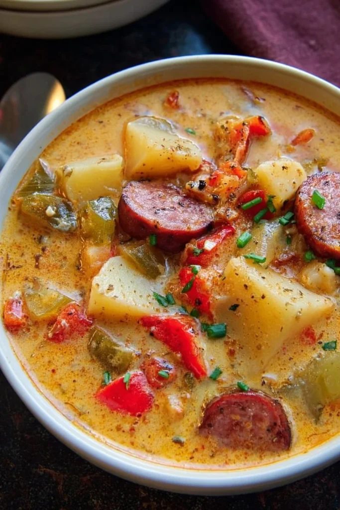 Bowl of creamy Cajun potato soup garnished with herbs and spices