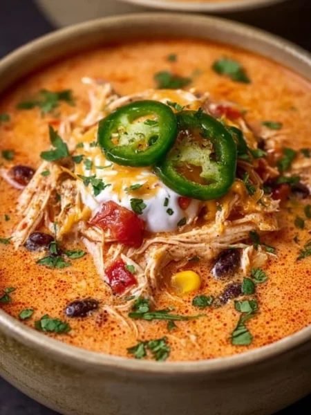 Creamy chicken enchilada soup garnished with cilantro and cheese