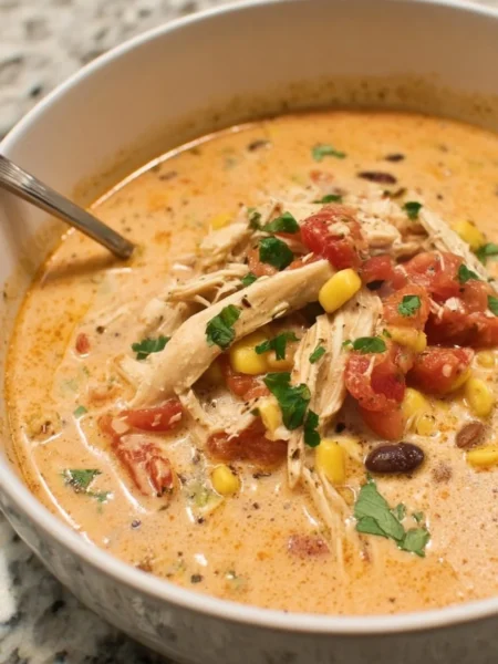 Creamy chicken taco soup in a bowl with toppings