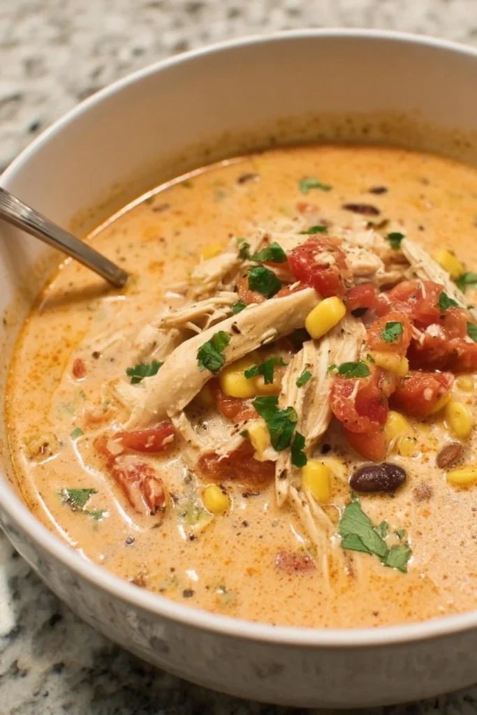 Creamy chicken taco soup in a bowl with toppings