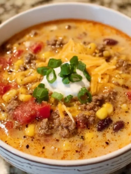 Bowl of creamy Cowboy Soup with vegetables and meat