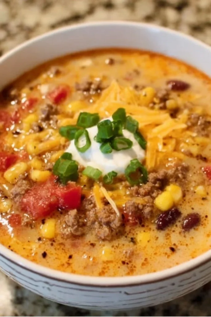Bowl of creamy Cowboy Soup with vegetables and meat