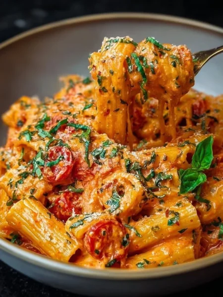 Creamy tomato garlic pasta dish with fresh herbs and grated cheese