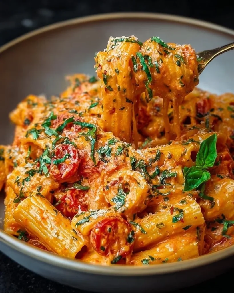 Creamy tomato garlic pasta dish with fresh herbs and grated cheese