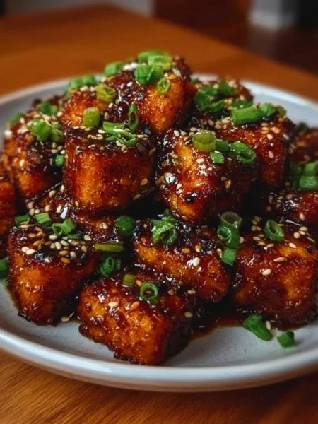 Crispy honey garlic tofu served with a garnish of sesame seeds and green onions.