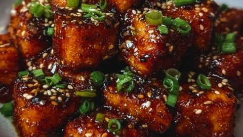 Crispy honey garlic tofu served with a garnish of sesame seeds and green onions.