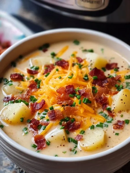 Crock Pot Crack Potato Soup garnished with green onions and cheese in a bowl