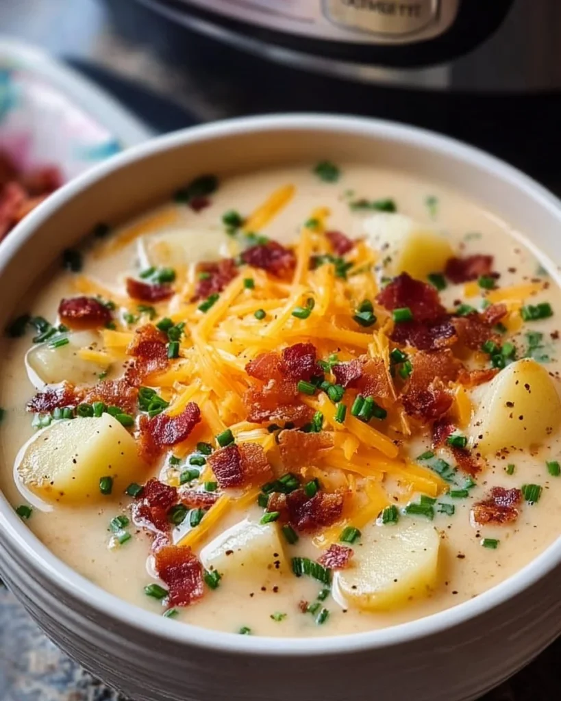Crock Pot Crack Potato Soup garnished with green onions and cheese in a bowl
