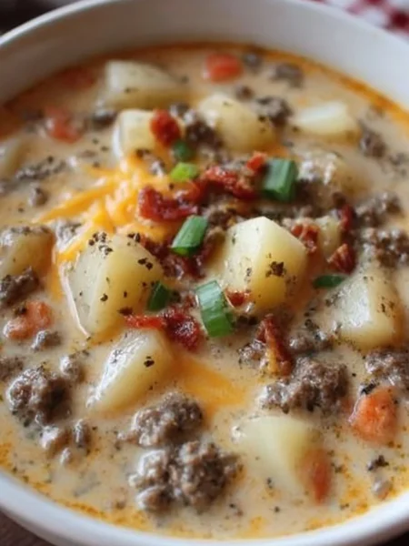 Crockpot creamy potato hamburger soup in a bowl garnished with herbs