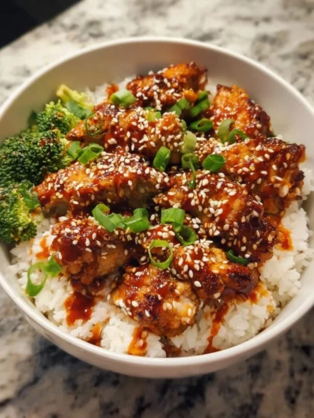 Delicious sticky chicken rice bowls topped with fresh herbs and veggies