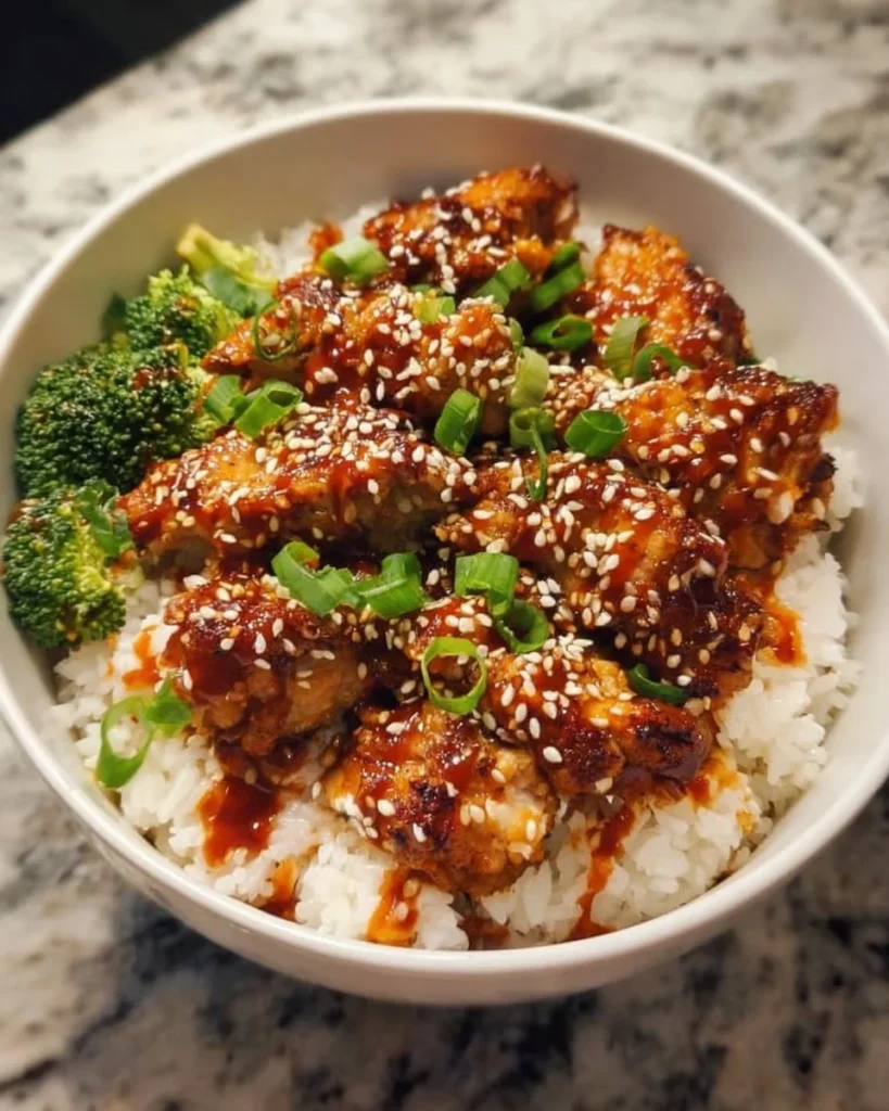 Delicious sticky chicken rice bowls topped with fresh herbs and veggies