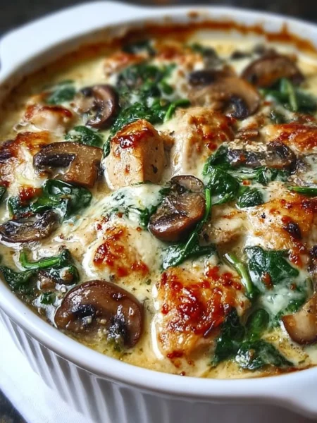 Low-carb chicken spinach mushroom bake dish ready to serve for dinner