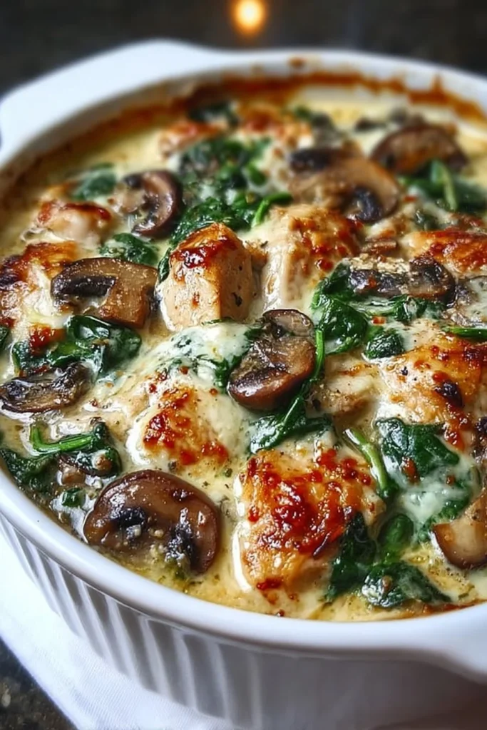 Low-carb chicken spinach mushroom bake dish ready to serve for dinner