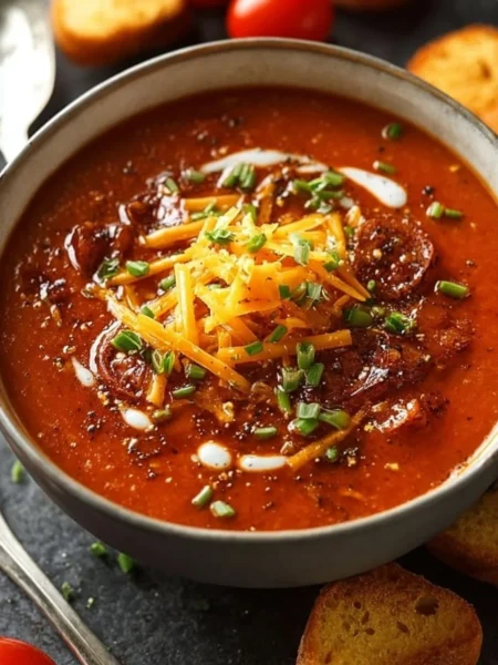 Delicious tomato soup bowl garnished with herbs and spices