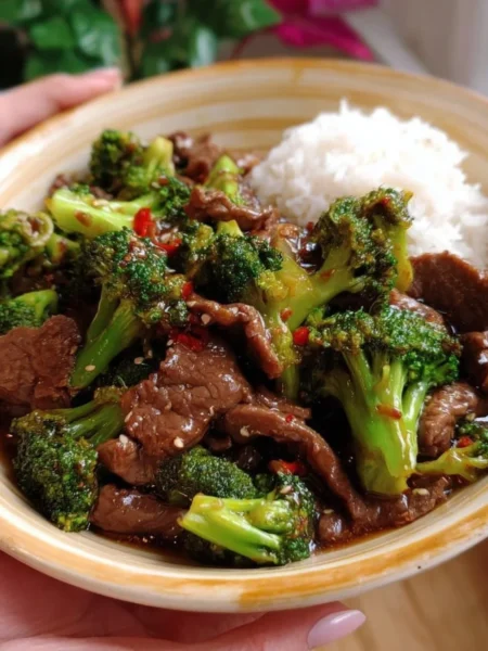 Easy beef broccoli stir-fry served in a bowl with rice and vegetables