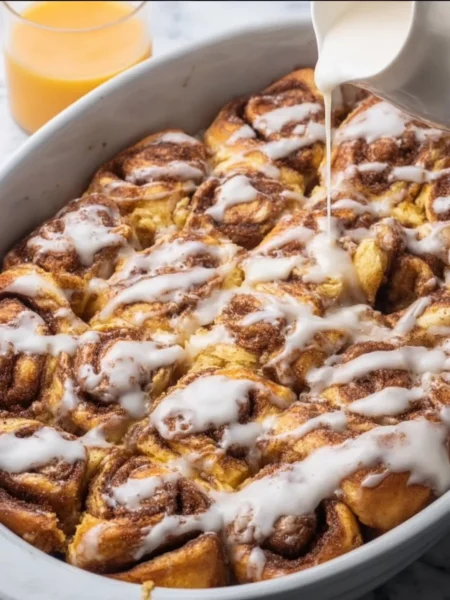 Delicious easy cinnamon roll casserole fresh out of the oven