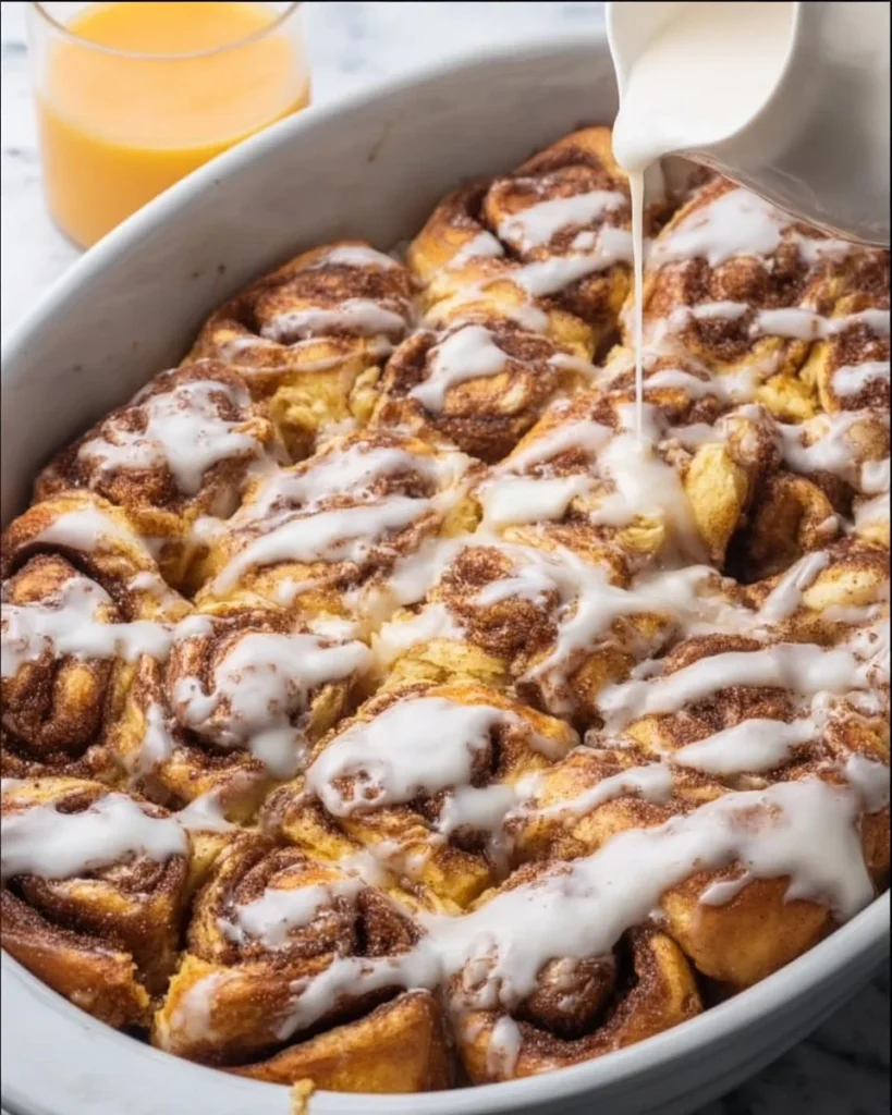 Delicious easy cinnamon roll casserole fresh out of the oven