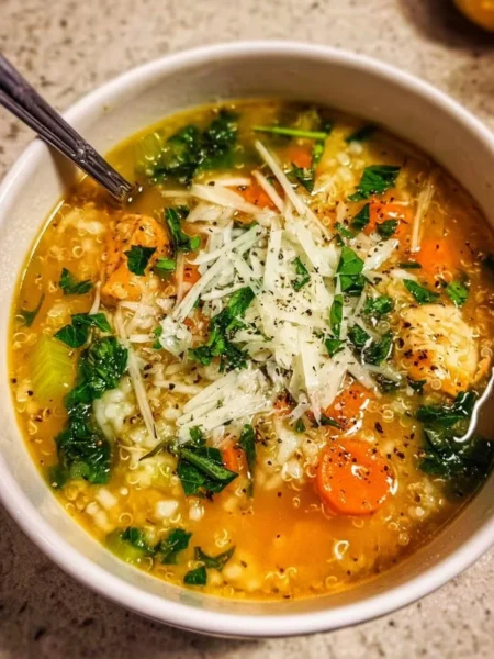 Bowl of comforting Italian Penicillin Soup with herbs and fresh ingredients