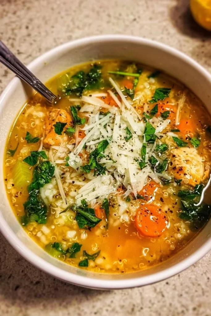 Bowl of comforting Italian Penicillin Soup with herbs and fresh ingredients