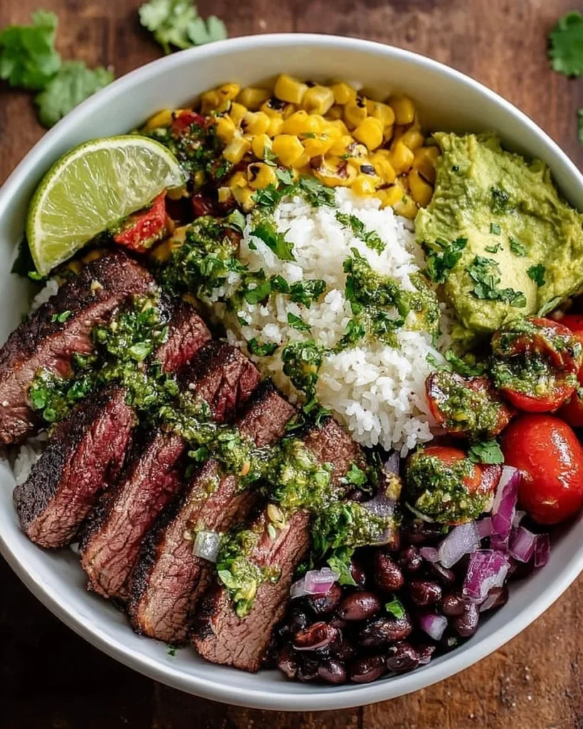 Delicious cilantro lime steak bowls garnished with fresh ingredients