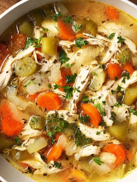 Bowl of easy homemade chicken soup with vegetables and herbs